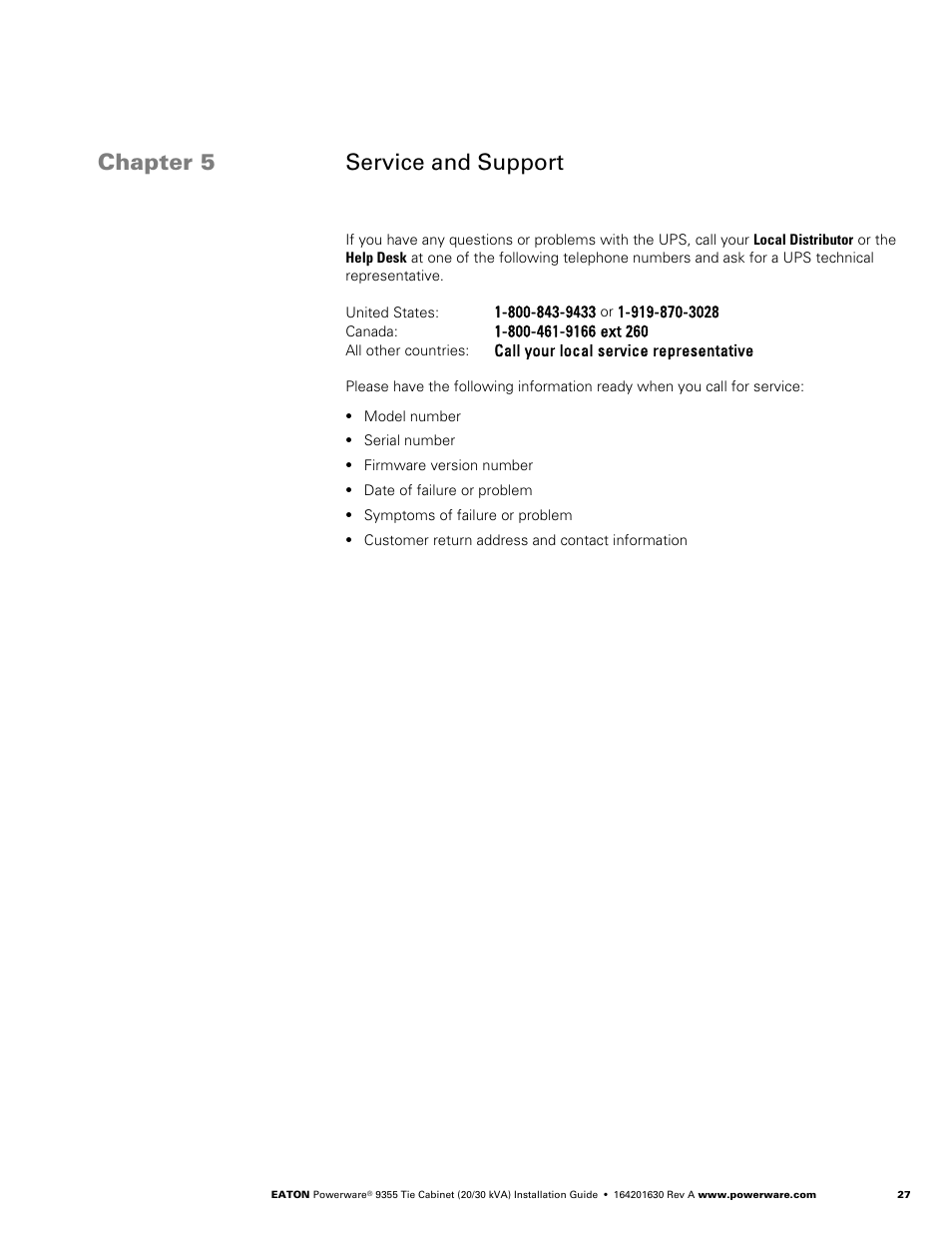 Chapter 5 service and support | Powerware Tie Cabinet Powerware 9355 User Manual | Page 33 / 36