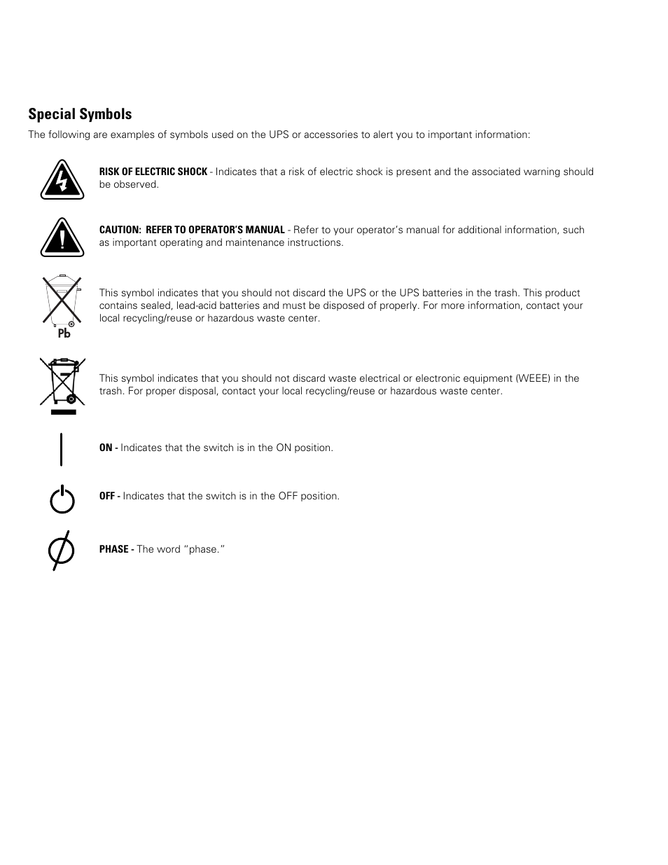Special symbols | Powerware Tie Cabinet Powerware 9355 User Manual | Page 4 / 36
