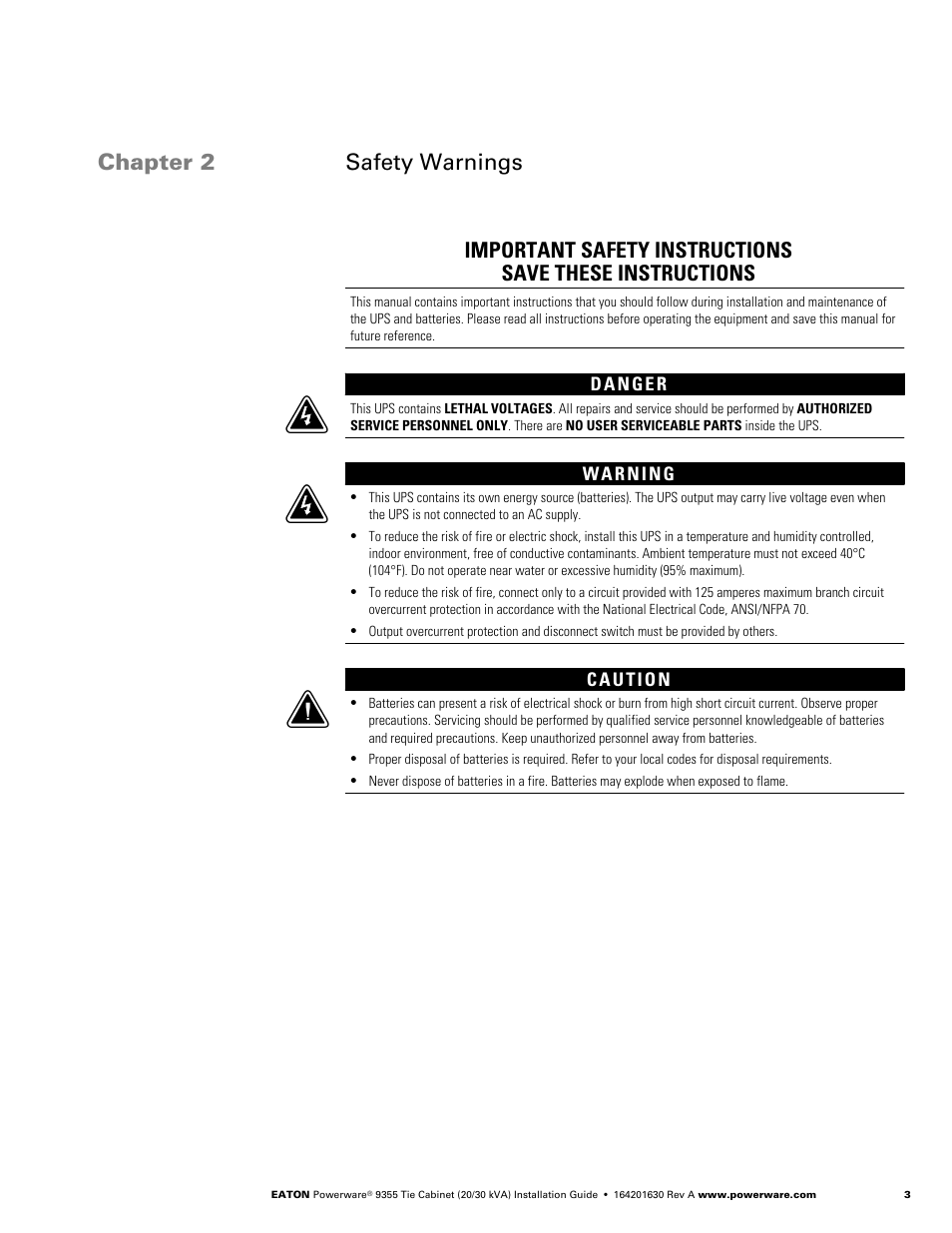Chapter 2 safety warnings | Powerware Tie Cabinet Powerware 9355 User Manual | Page 9 / 36