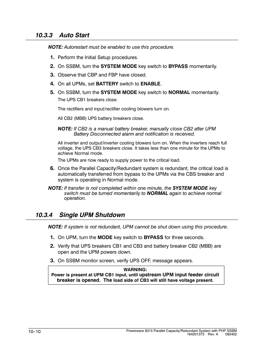 3 auto start, 4 single upm shutdown | Powerware 9315s User Manual | Page 100 / 205