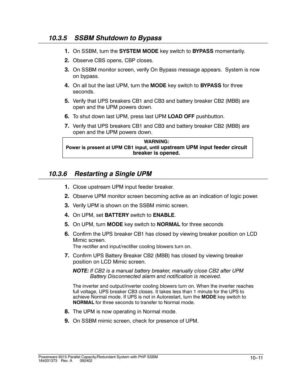 5 ssbm shutdown to bypass, 6 restarting a single upm | Powerware 9315s User Manual | Page 101 / 205