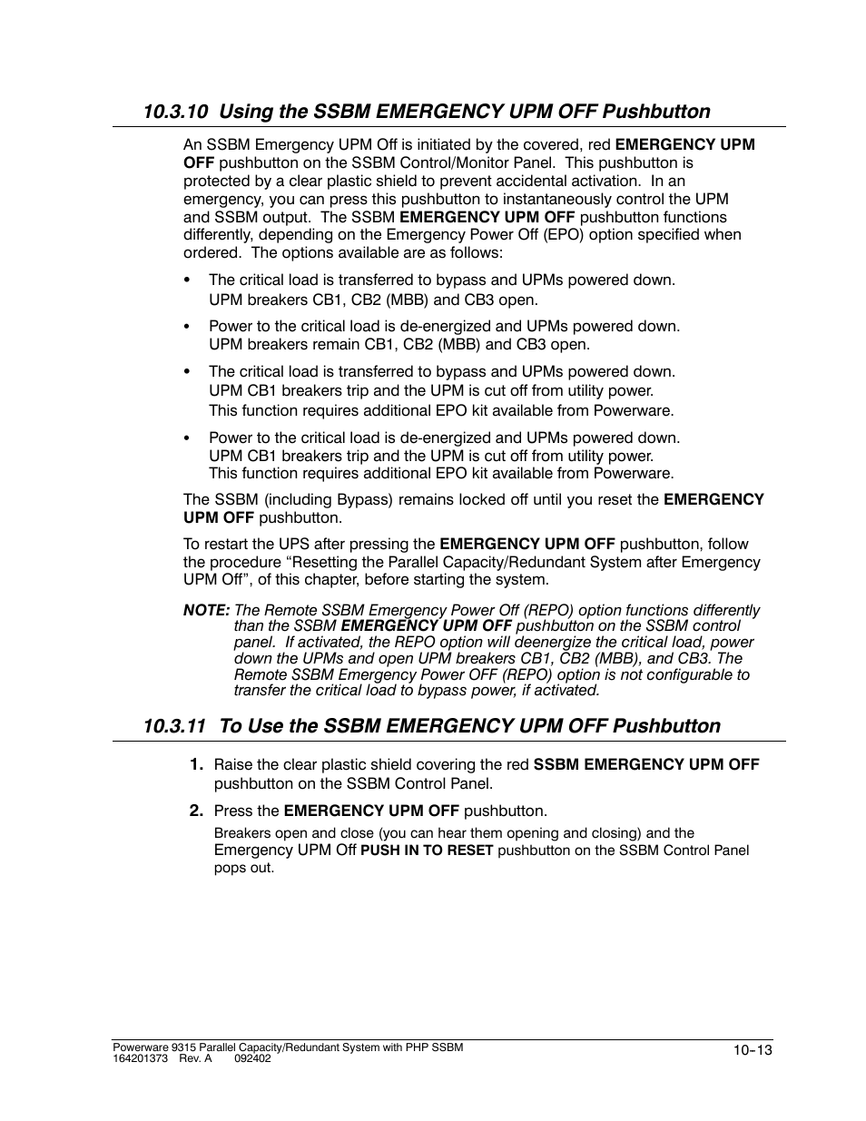 10 using the ssbm emergency upm off pushbutton, 11 to use the ssbm emergency upm off pushbutton | Powerware 9315s User Manual | Page 103 / 205