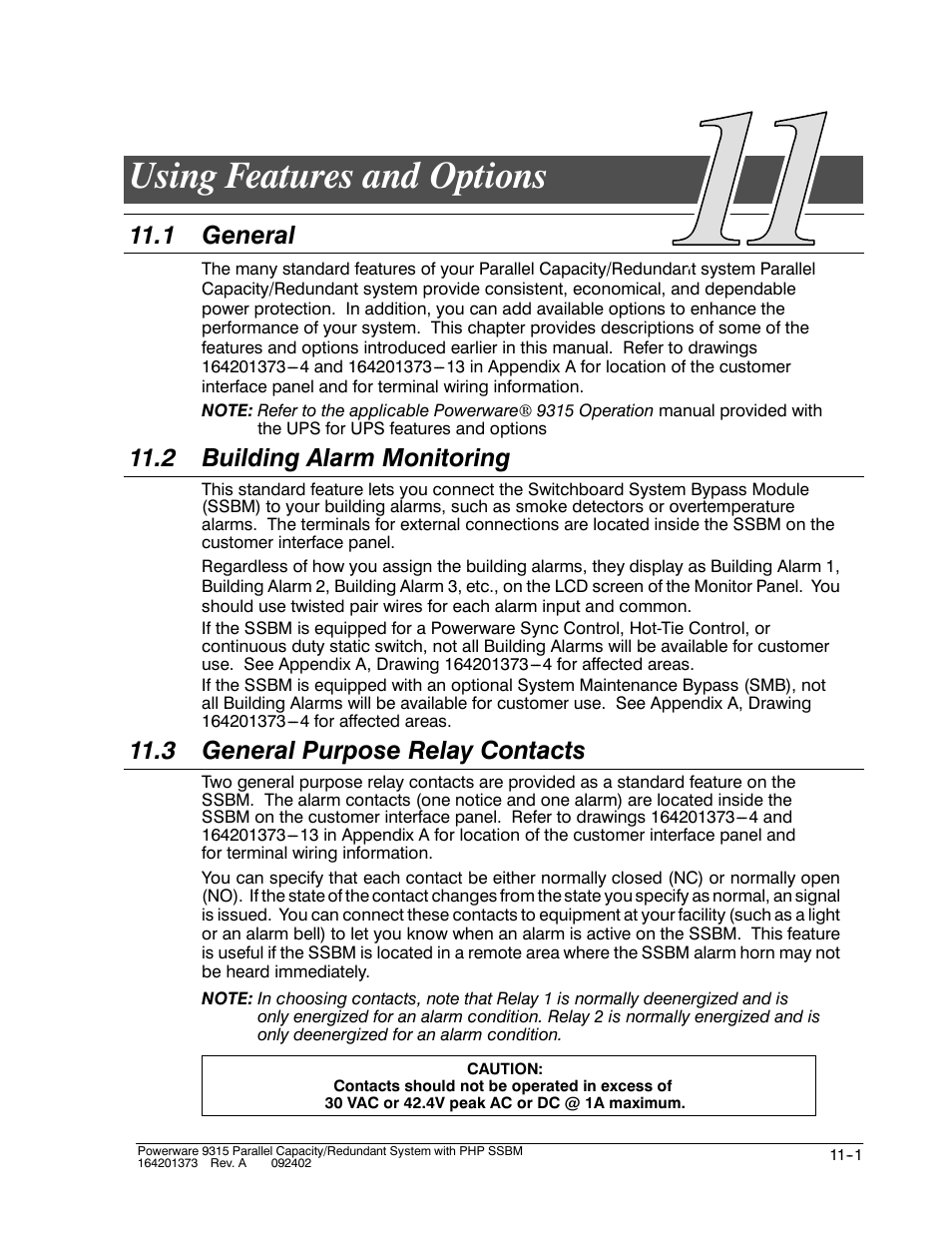 Chapter 11 using features and options, Using features and options, 1 general | 2 building alarm monitoring, 3 general purpose relay contacts | Powerware 9315s User Manual | Page 109 / 205