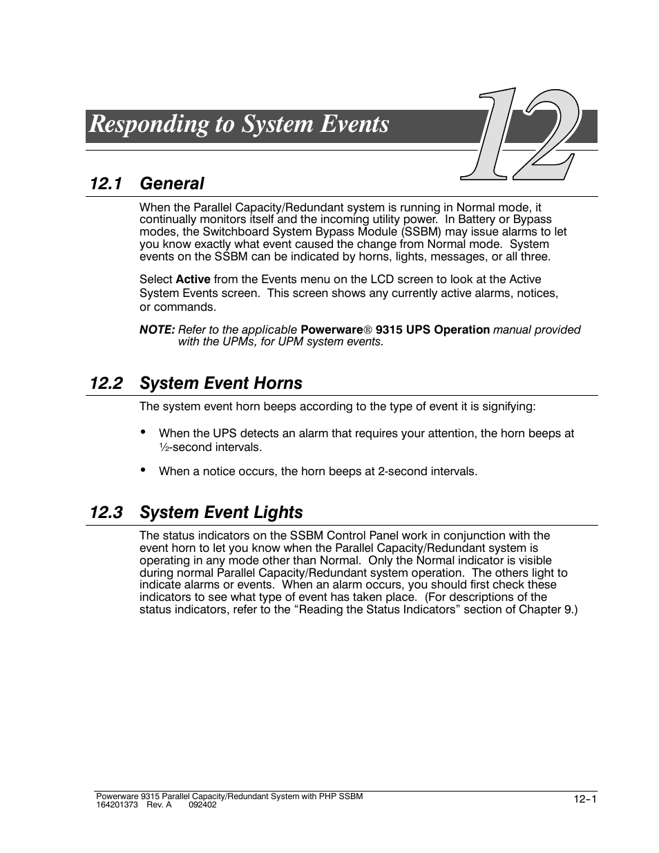 Chapter 12 responding to system events, Responding to system events, 1 general | 2 system event horns, 3 system event lights | Powerware 9315s User Manual | Page 115 / 205