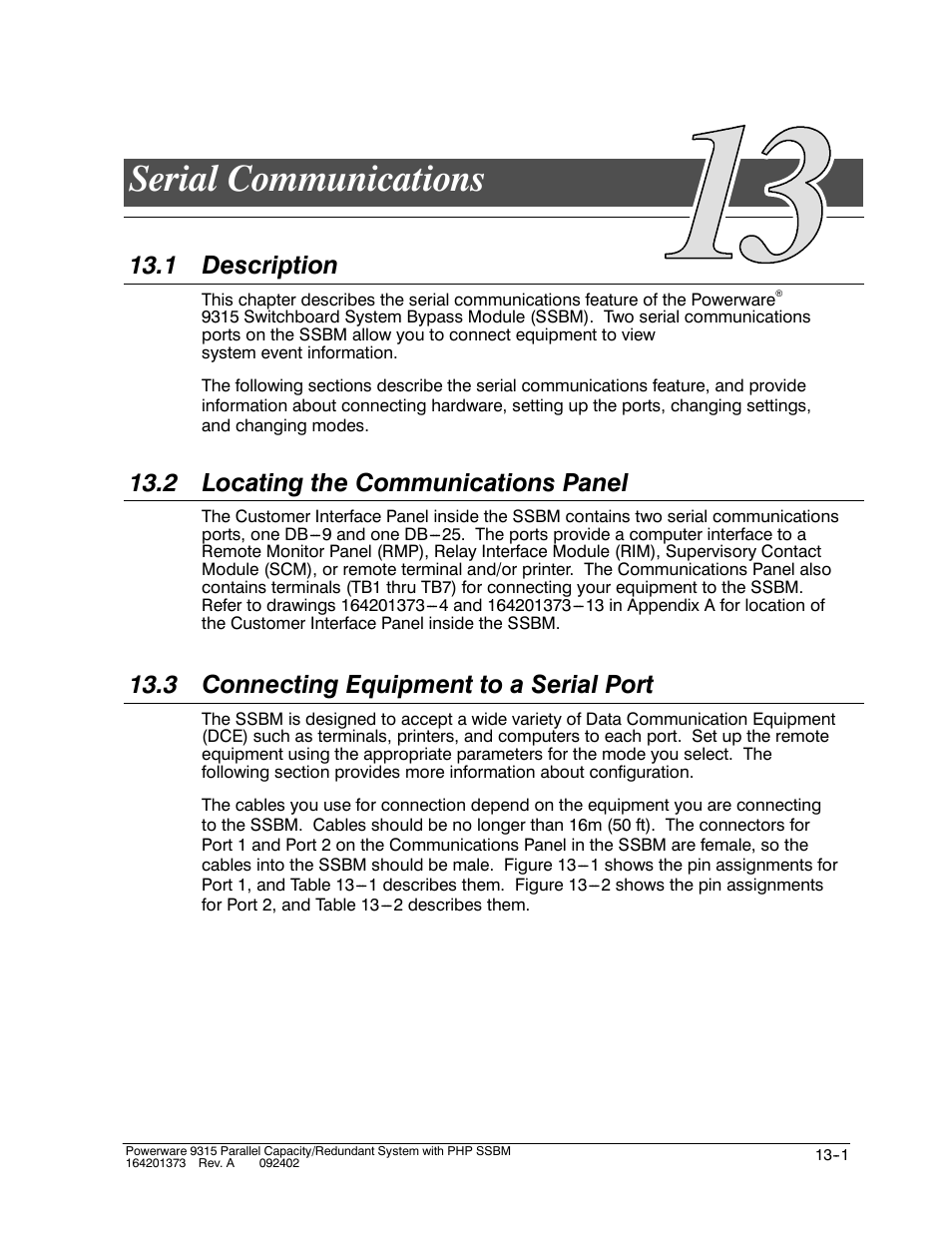 Chapter 13 serial communications, Serial communications, 1 description | 2 locating the communications panel, 3 connecting equipment to a serial port | Powerware 9315s User Manual | Page 123 / 205