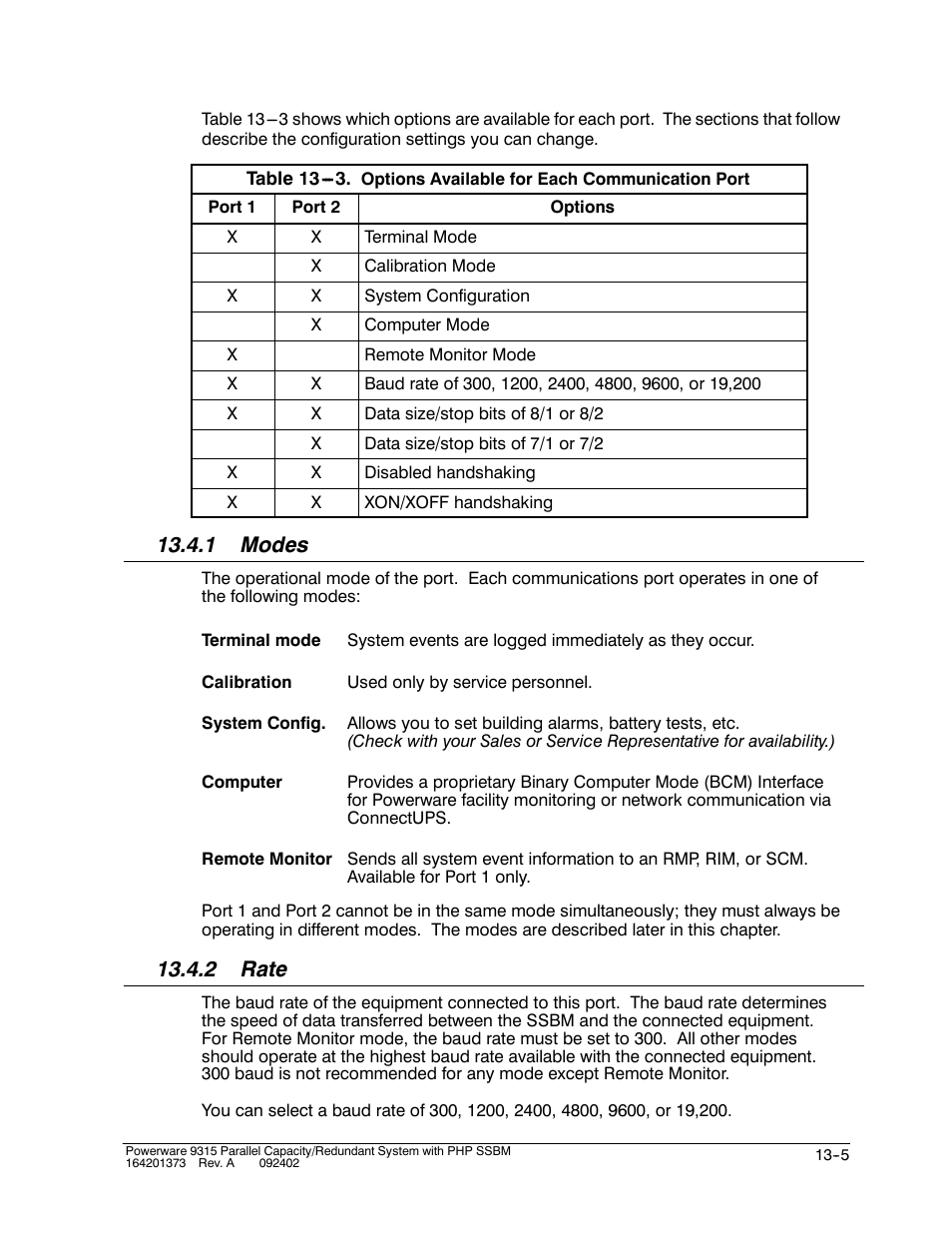 1 modes, 2 rate | Powerware 9315s User Manual | Page 127 / 205