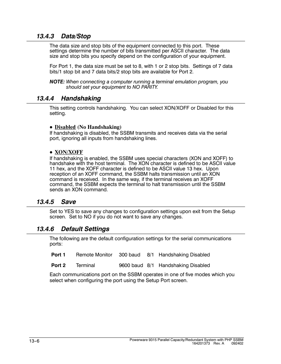 3 data/stop, 4 handshaking, 5 save | 6 default settings | Powerware 9315s User Manual | Page 128 / 205