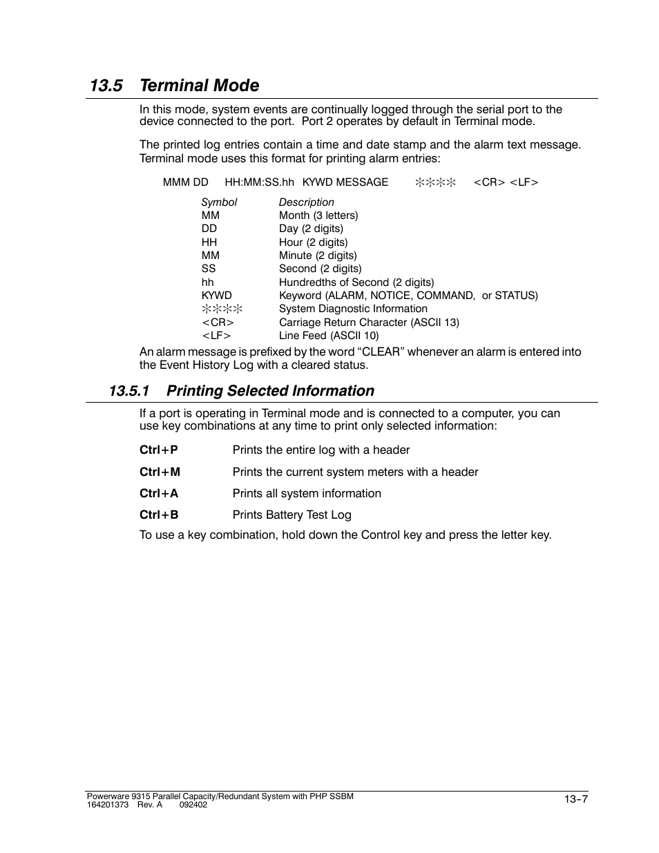 5 terminal mode, 1 printing selected information | Powerware 9315s User Manual | Page 129 / 205