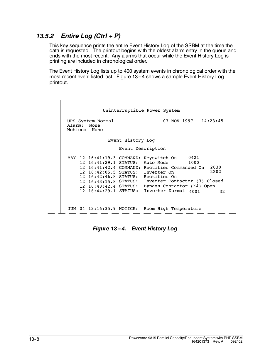 2 entire log (ctrl + p) | Powerware 9315s User Manual | Page 130 / 205