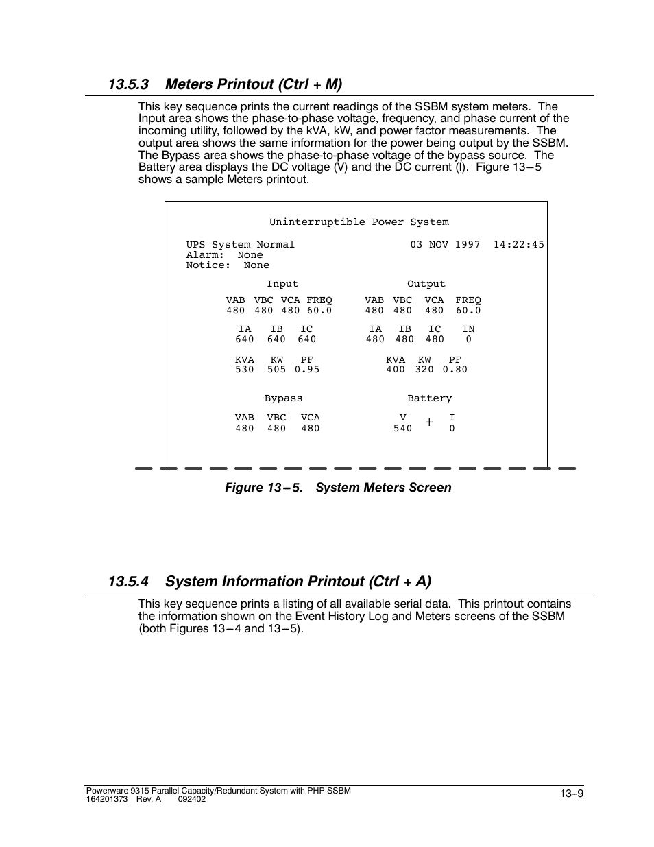 3 meters printout (ctrl + m), 4 system information printout (ctrl + a) | Powerware 9315s User Manual | Page 131 / 205