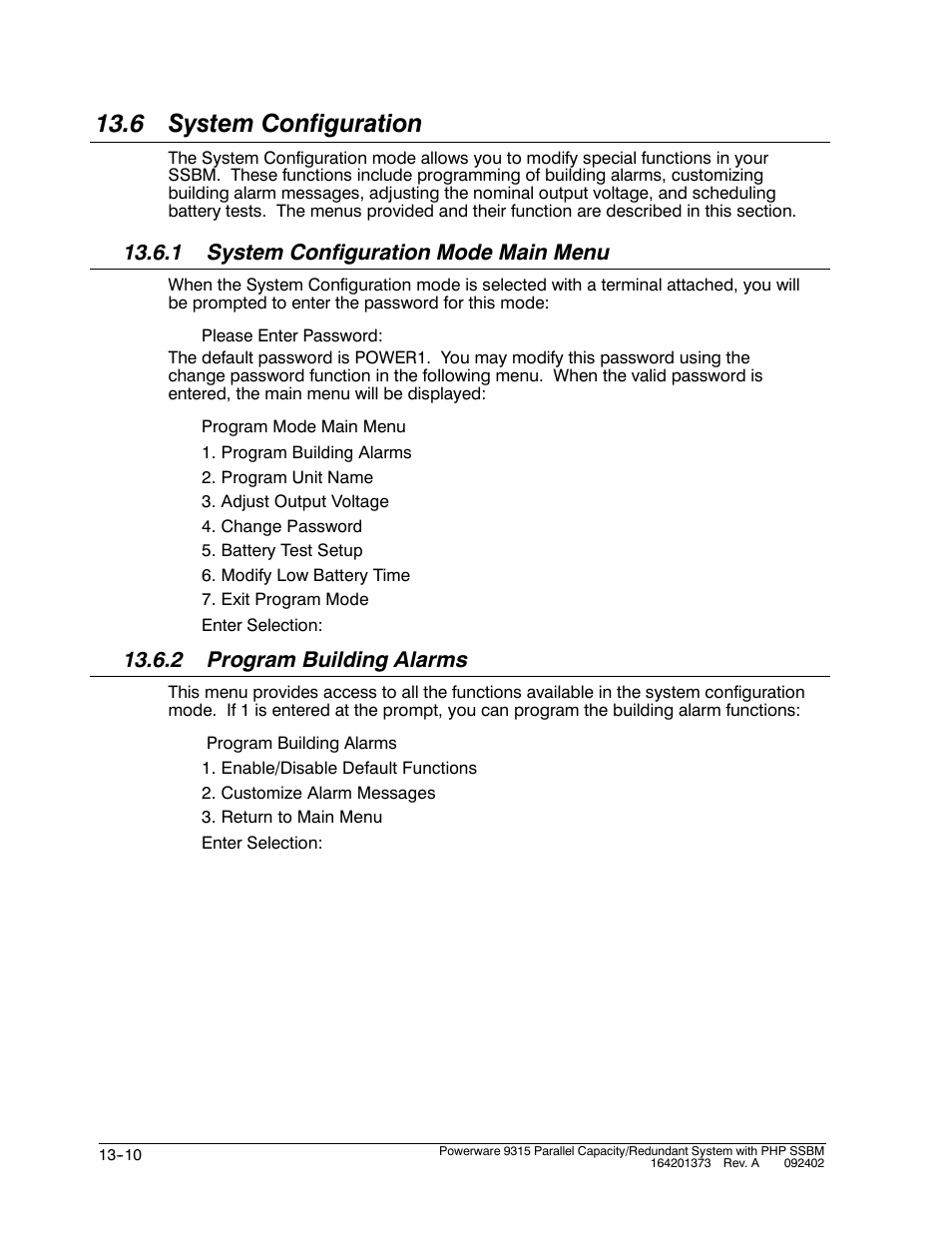 6 system configuration, 1 system configuration mode main menu, 2 program building alarms | Powerware 9315s User Manual | Page 132 / 205