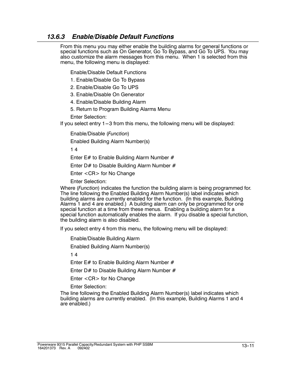 3 enable/disable default functions | Powerware 9315s User Manual | Page 133 / 205