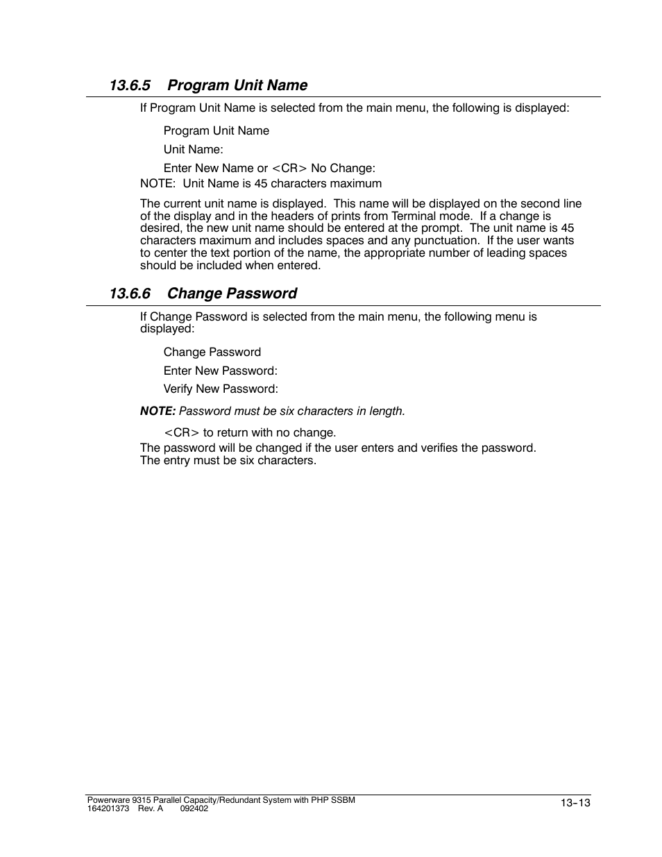 5 program unit name, 6 change password | Powerware 9315s User Manual | Page 135 / 205