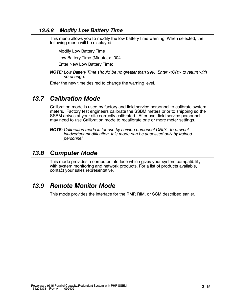 7 calibration mode, 8 computer mode, 9 remote monitor mode | Powerware 9315s User Manual | Page 137 / 205