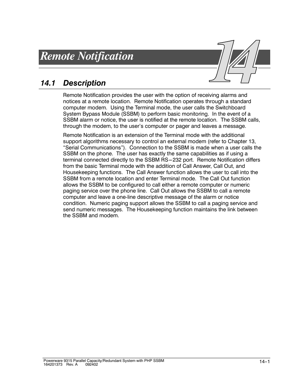 Chapter 14 remote notification, Remote notification, 1 description | Powerware 9315s User Manual | Page 139 / 205