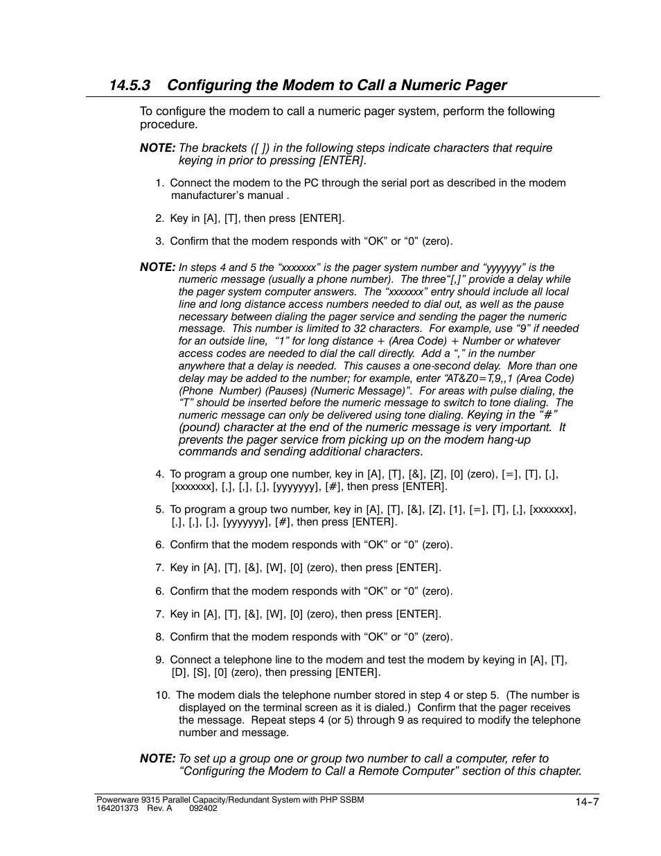 3 configuring the modem to call a numeric pager | Powerware 9315s User Manual | Page 145 / 205