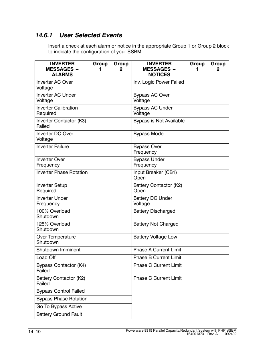 1 user selected events | Powerware 9315s User Manual | Page 148 / 205