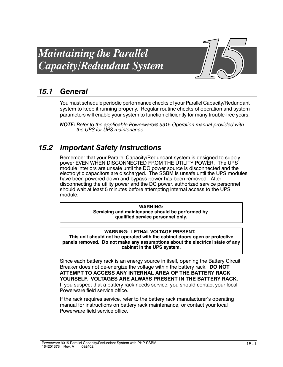 Maintaining the parallel capacity/redundant system, 1 general, 2 important safety instructions | Powerware 9315s User Manual | Page 151 / 205