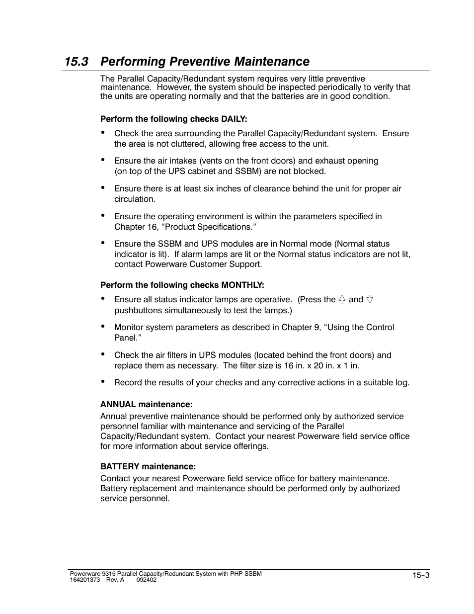 3 performing preventive maintenance | Powerware 9315s User Manual | Page 153 / 205