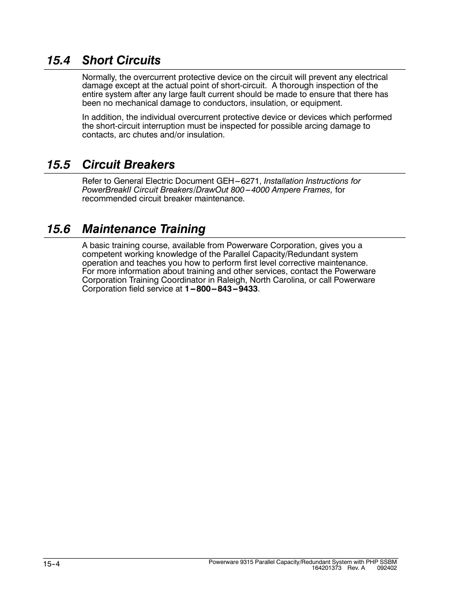 4 short circuits, 5 circuit breakers, 6 maintenance training | Powerware 9315s User Manual | Page 154 / 205