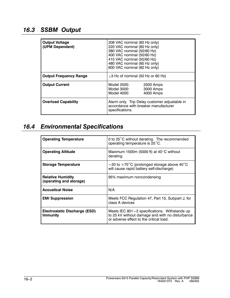 3 ssbm output, 4 environmental specifications | Powerware 9315s User Manual | Page 156 / 205