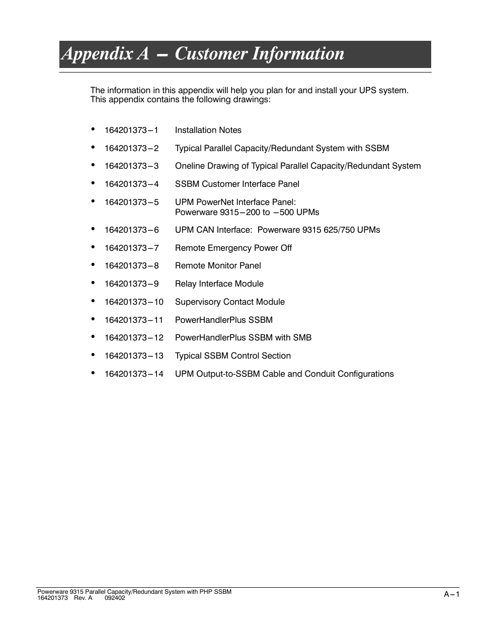 Appendix a customer information, Appendix a --- customer information | Powerware 9315s User Manual | Page 157 / 205