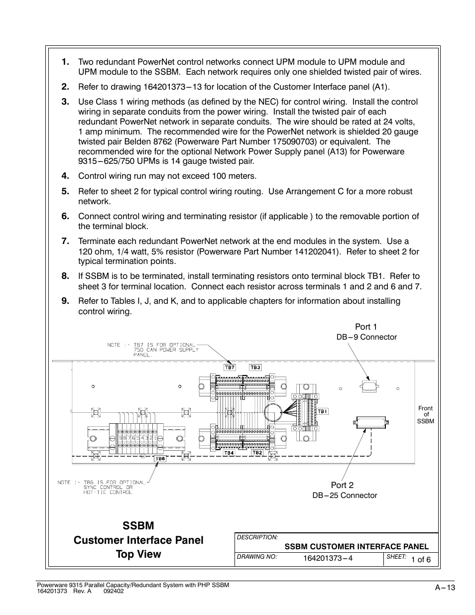 Customer interface panel, Ssbm top view | Powerware 9315s User Manual | Page 169 / 205