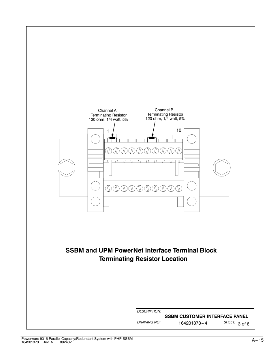 Ssbm and upm powernet interface terminal block, Terminating resistor location | Powerware 9315s User Manual | Page 171 / 205