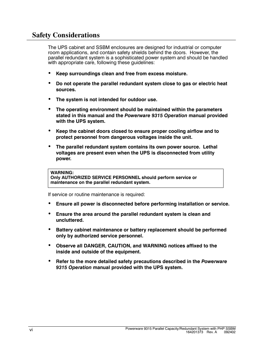 Safety considerations | Powerware 9315s User Manual | Page 18 / 205