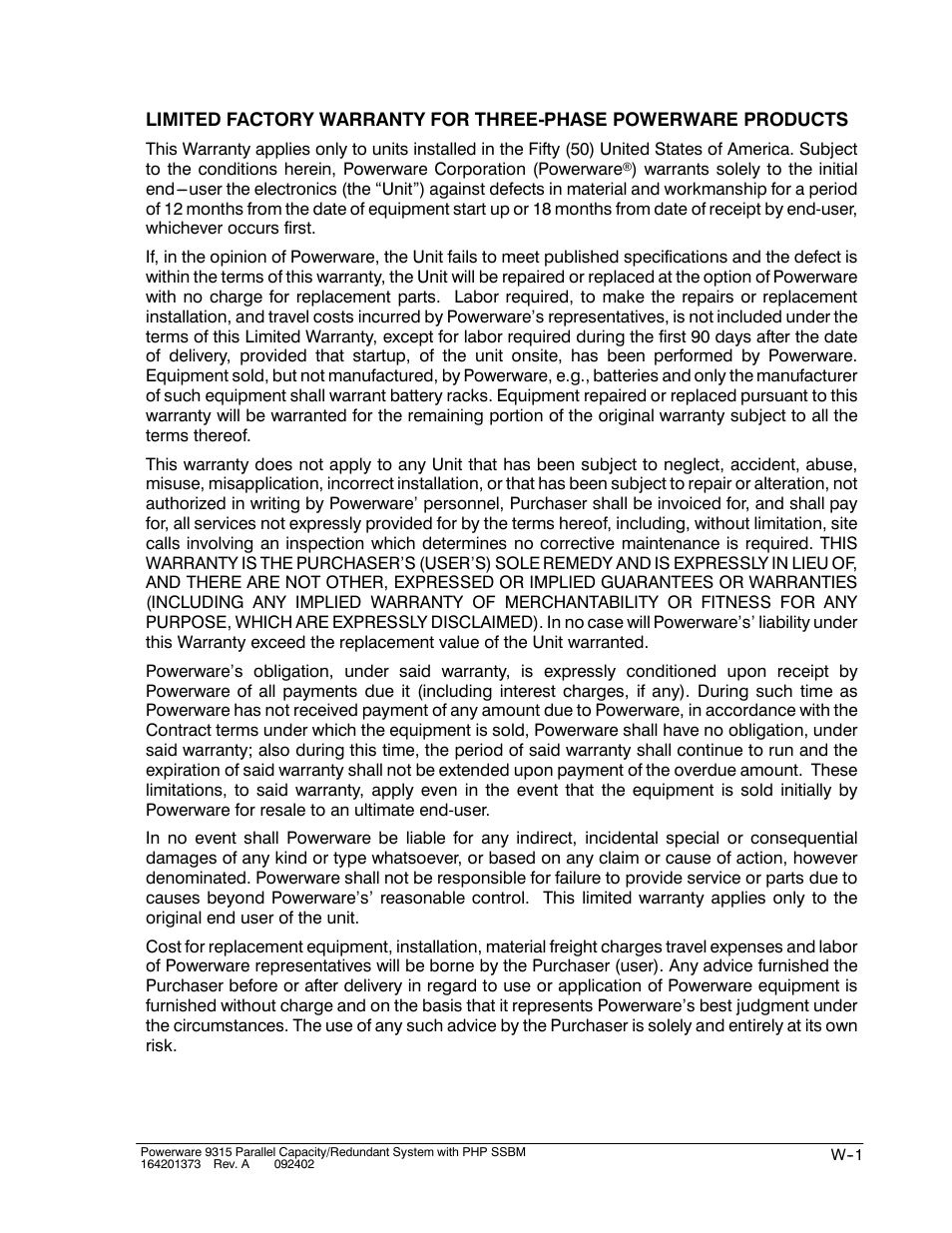 Warranty | Powerware 9315s User Manual | Page 203 / 205
