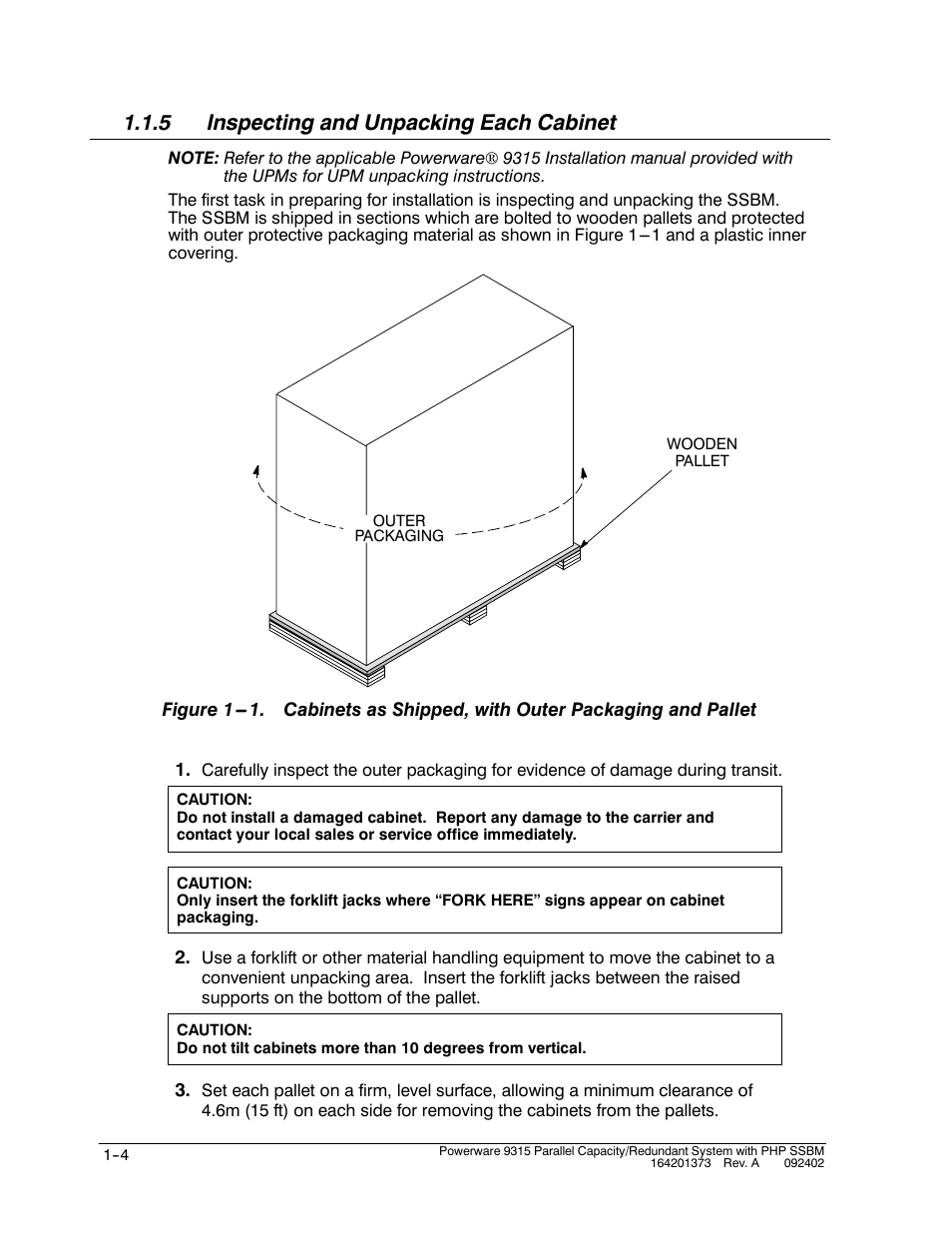 5 inspecting and unpacking each cabinet | Powerware 9315s User Manual | Page 26 / 205