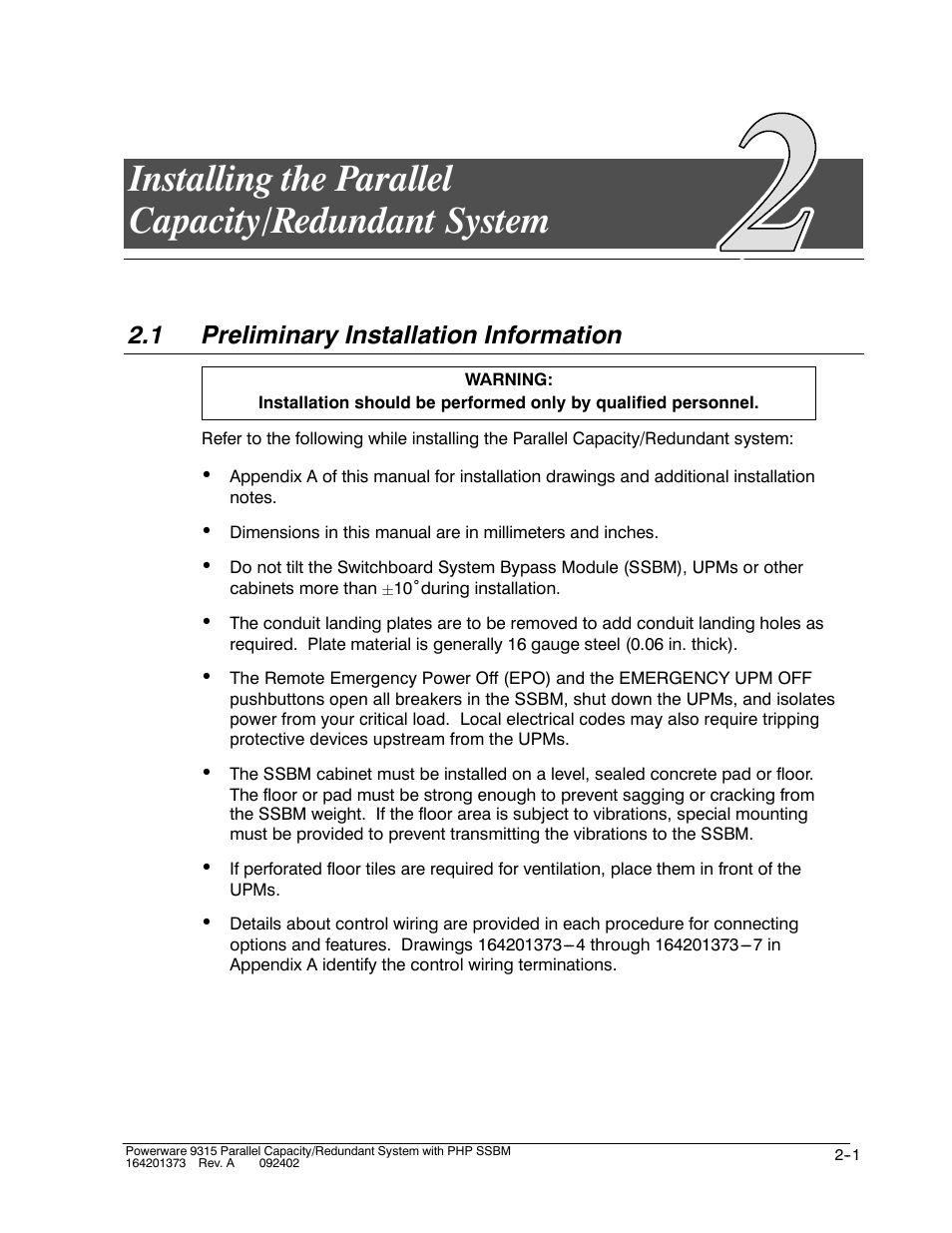 Installing the parallel capacity/redundant system, 1 preliminary installation information | Powerware 9315s User Manual | Page 29 / 205