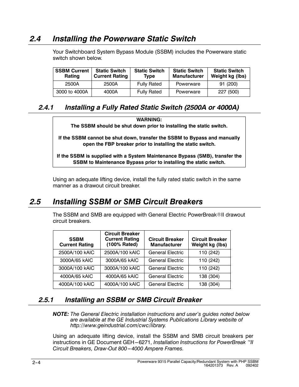 4 installing the powerware static switch, 5 installing ssbm or smb circuit breakers, 1 installing an ssbm or smb circuit breaker | Powerware 9315s User Manual | Page 32 / 205