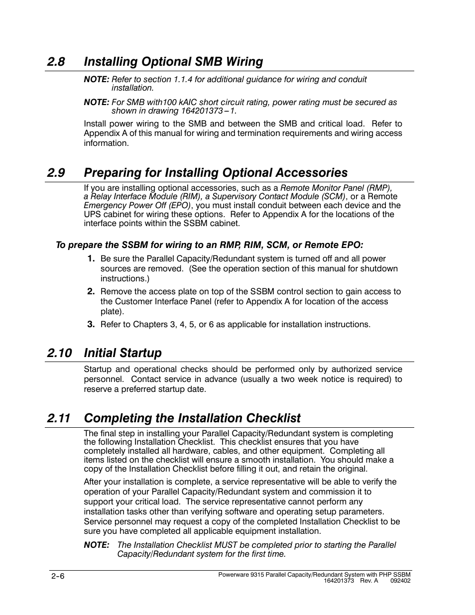 8 installing optional smb wiring, 9 preparing for installing optional accessories, 10 initial startup | 11 completing the installation checklist | Powerware 9315s User Manual | Page 34 / 205