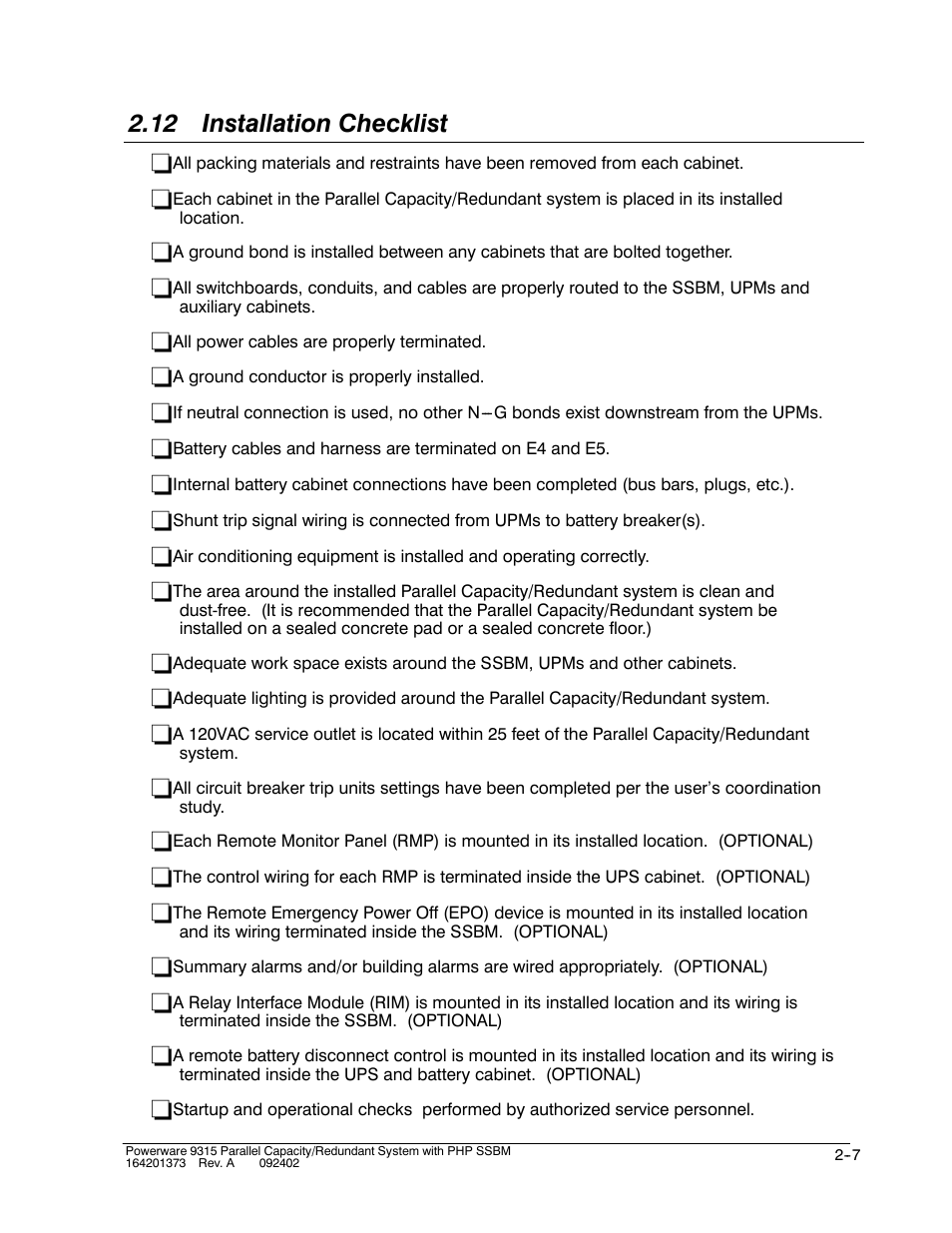 12 installation checklist | Powerware 9315s User Manual | Page 35 / 205