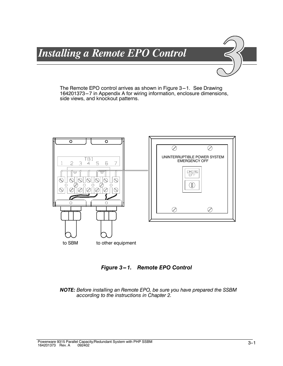 Chapter 3 installing a remote epo control, Installing a remote epo control | Powerware 9315s User Manual | Page 37 / 205