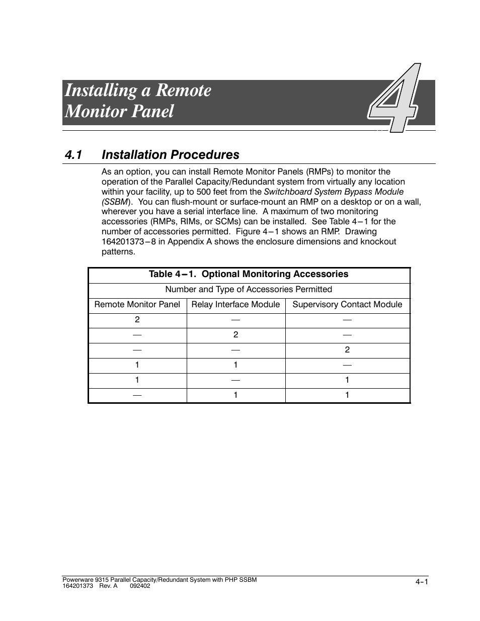 Chapter 4 installing a remote monitor panel, Installing a remote monitor panel, 1 installation procedures | Powerware 9315s User Manual | Page 39 / 205