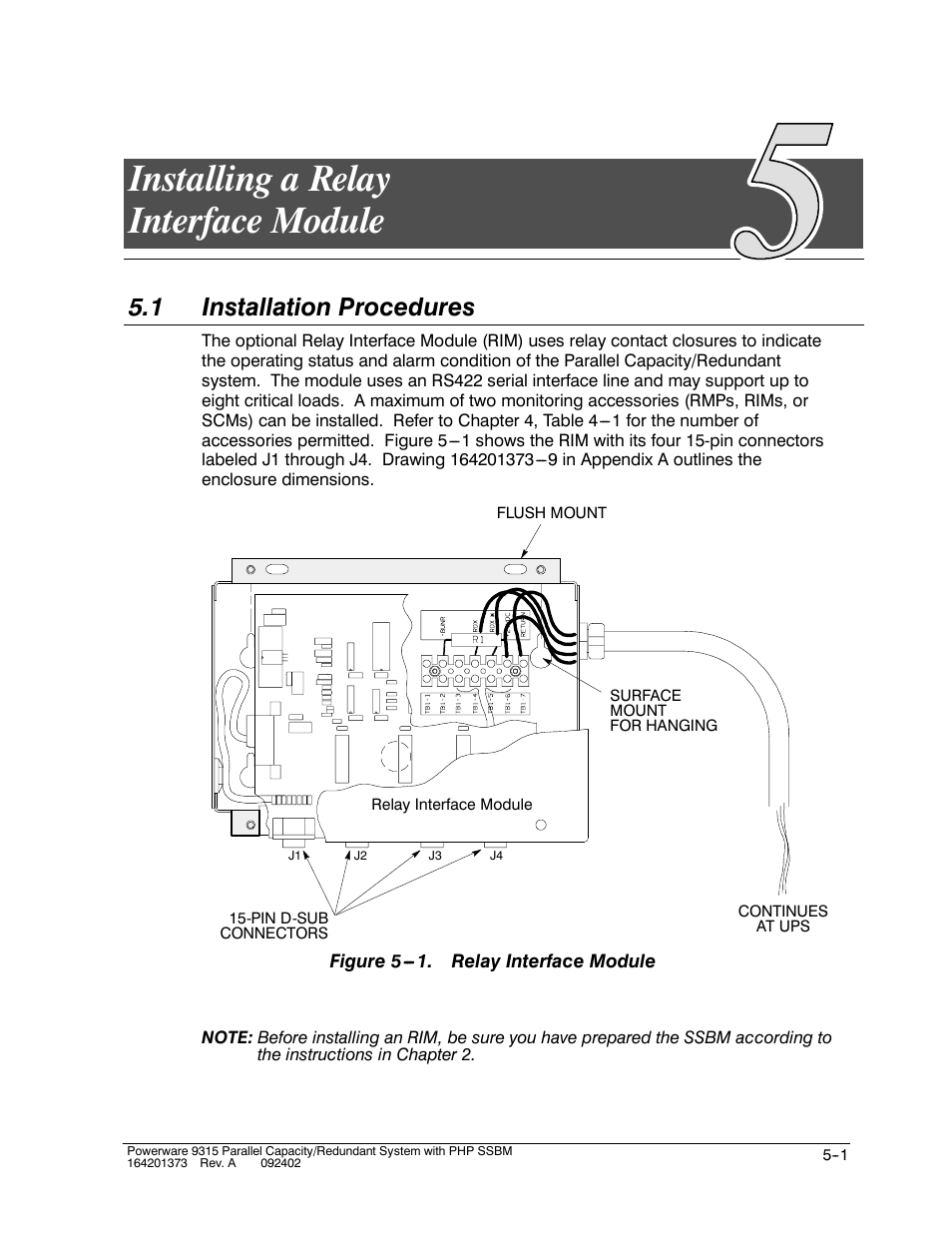 Chapter 5 installing a relay interface module, Installing a relay interface module, 1 installation procedures | Powerware 9315s User Manual | Page 43 / 205