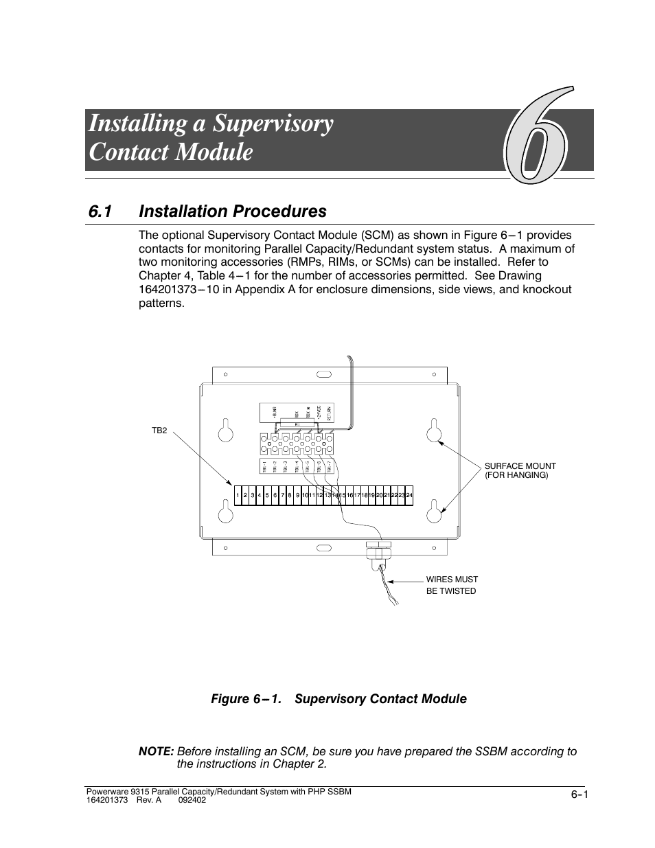 Chapter 6 installing a supervisory contact module, Installing a supervisory contact module, 1 installation procedures | Powerware 9315s User Manual | Page 47 / 205