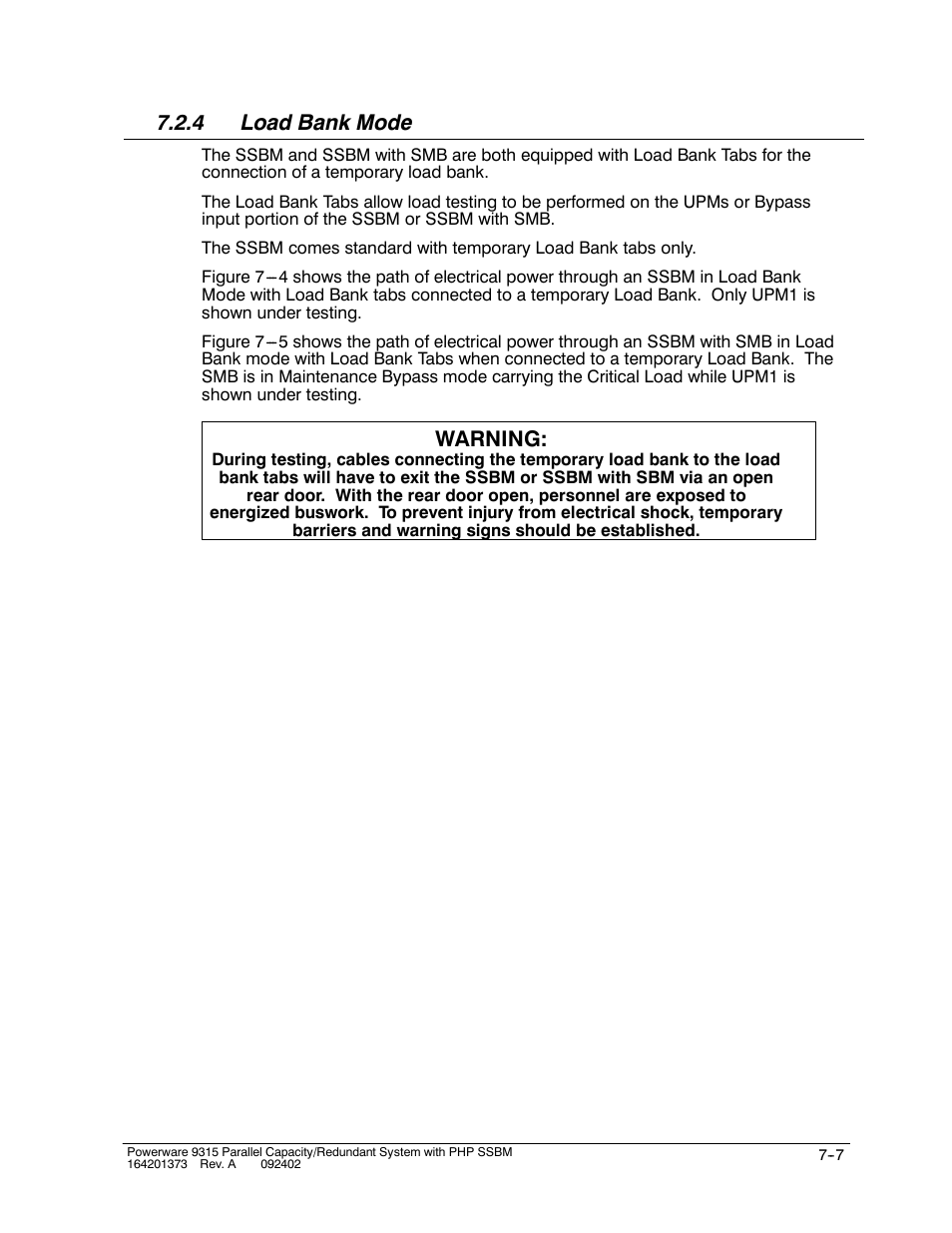 4 load bank mode, Warning | Powerware 9315s User Manual | Page 59 / 205