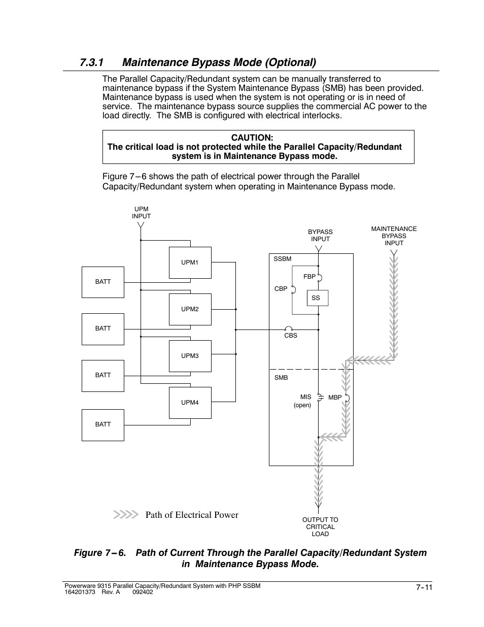 1 maintenance bypass mode (optional), Path of electrical power | Powerware 9315s User Manual | Page 63 / 205