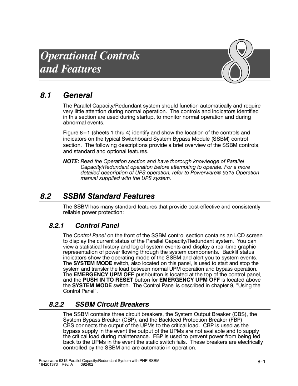 Chapter 8 operational controls and features, Operational controls and features, 1 general | 2 ssbm standard features | Powerware 9315s User Manual | Page 67 / 205