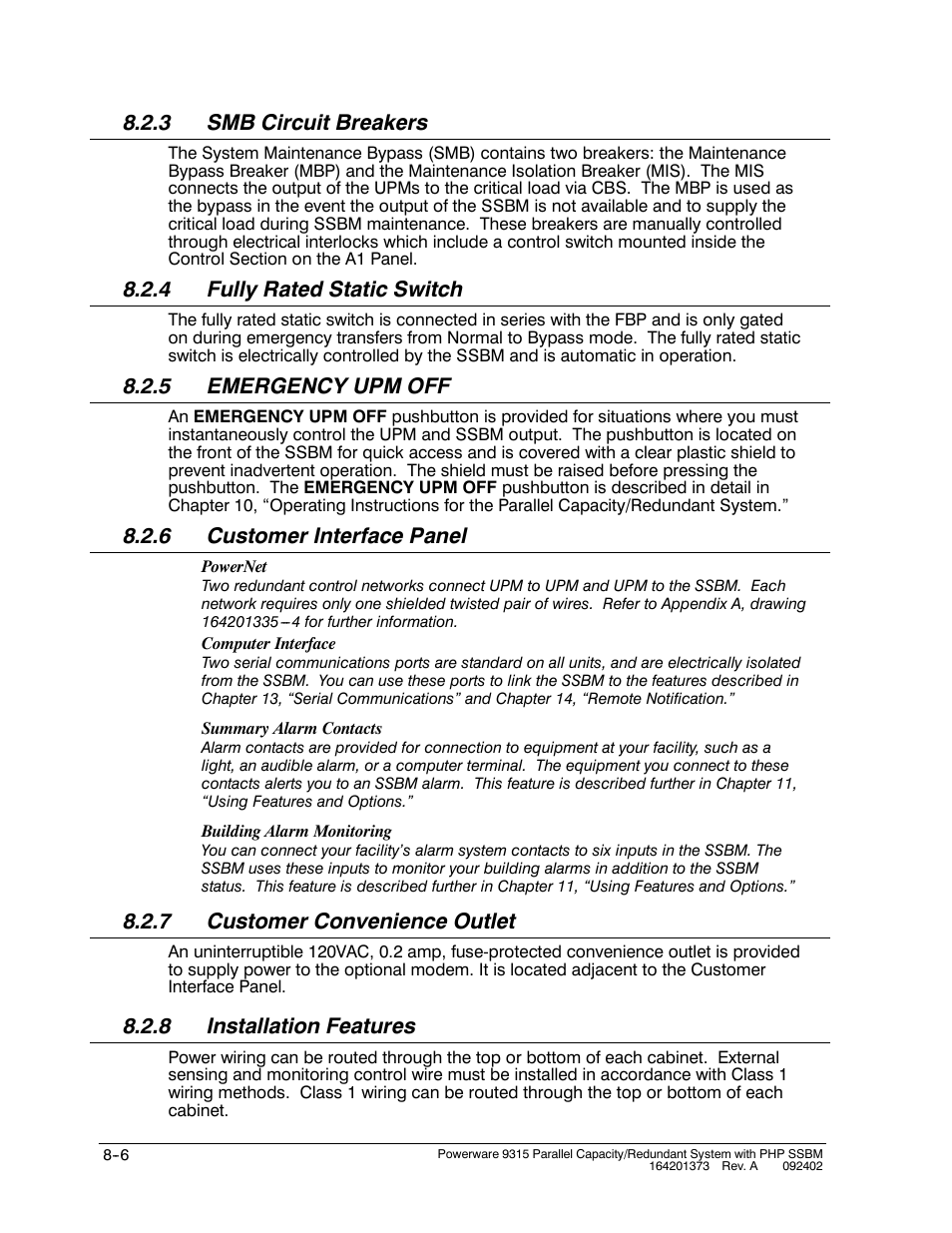 3 smb circuit breakers, 4 fully rated static switch, 5 emergency upm off | 6 customer interface panel, 7 customer convenience outlet, 8 installation features | Powerware 9315s User Manual | Page 72 / 205