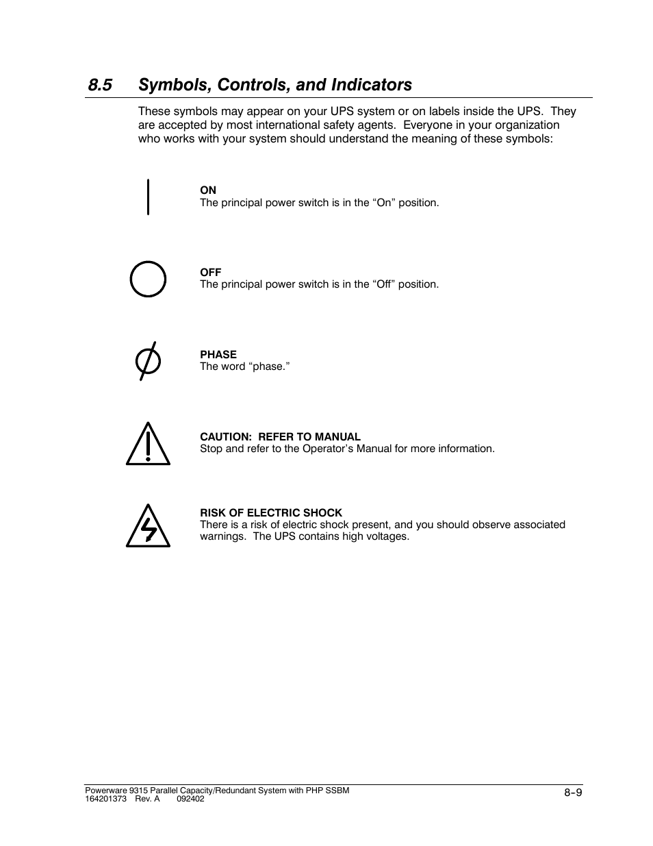 5 symbols, controls, and indicators | Powerware 9315s User Manual | Page 75 / 205