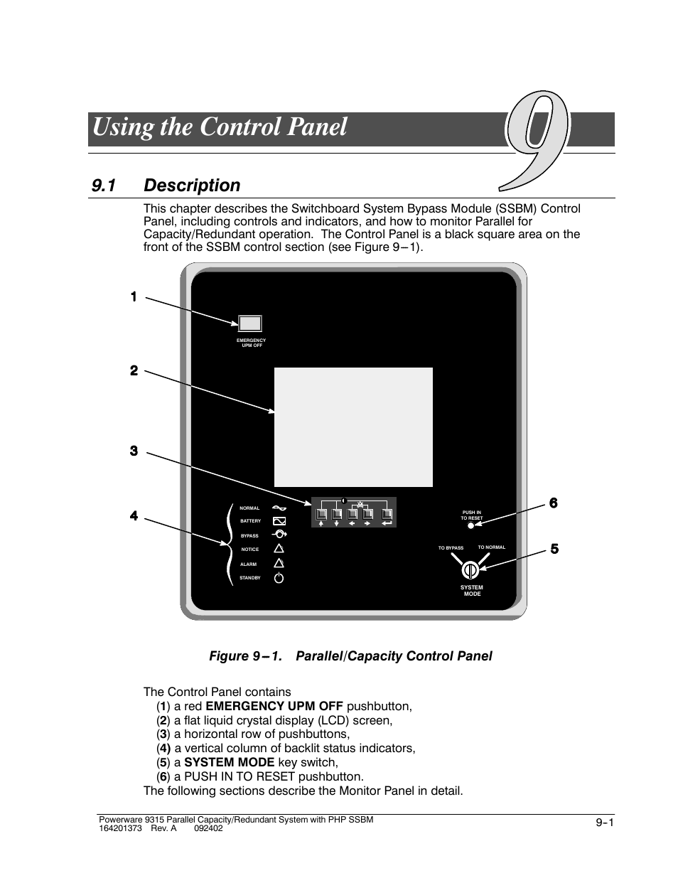 Chapter 9 using the control panel, Using the control panel, 1 description | Figure 9 . parallel/capacity control panel | Powerware 9315s User Manual | Page 77 / 205