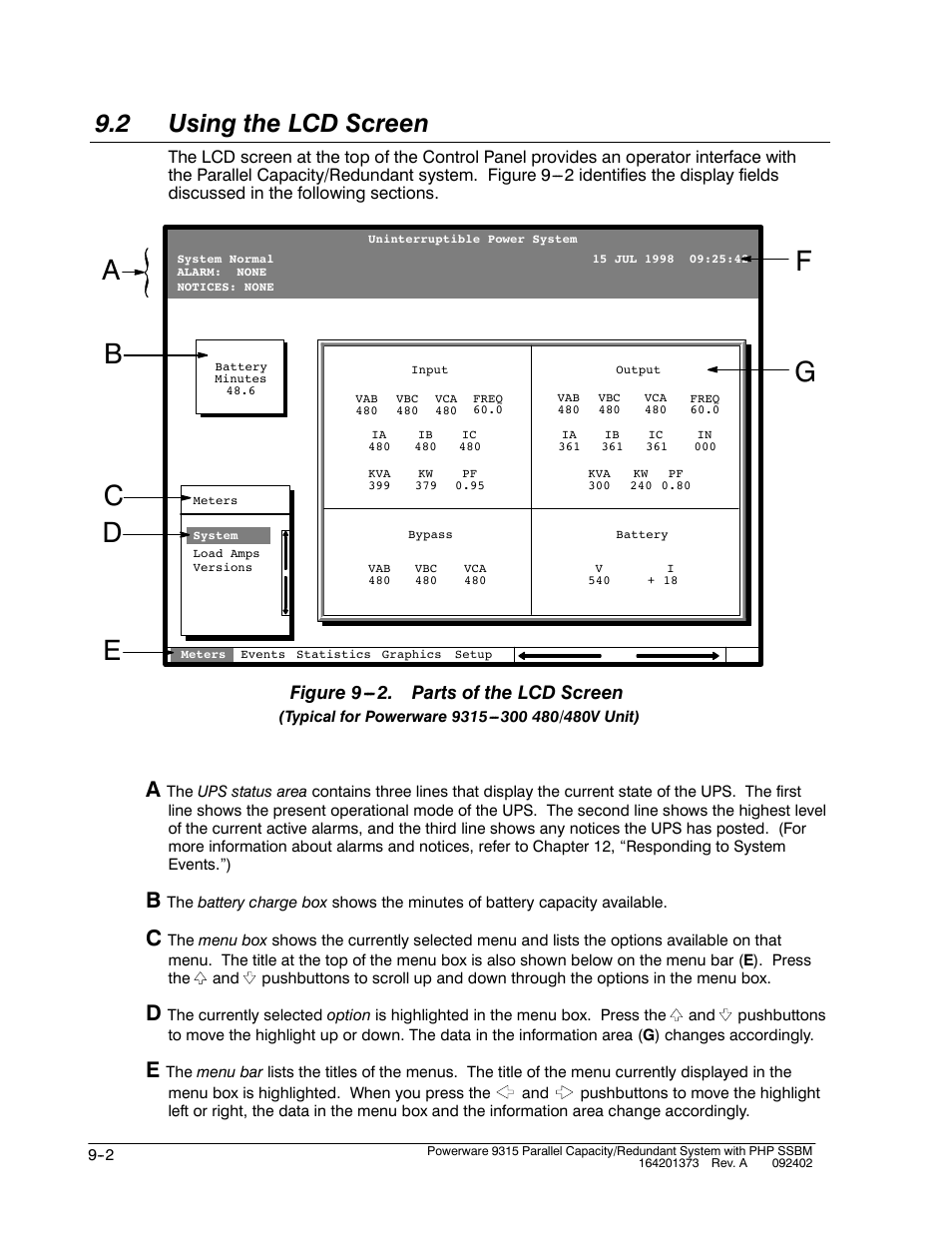 2 using the lcd screen, Figure 9 . parts of the lcd screen | Powerware 9315s User Manual | Page 78 / 205