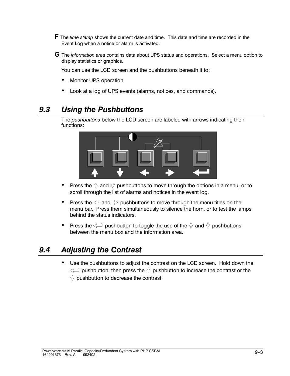 3 using the pushbuttons, 4 adjusting the contrast | Powerware 9315s User Manual | Page 79 / 205