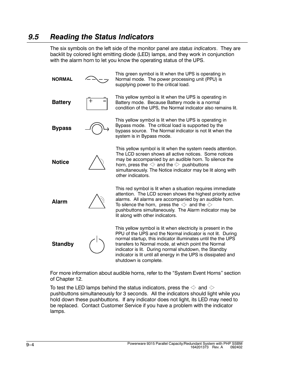 5 reading the status indicators | Powerware 9315s User Manual | Page 80 / 205