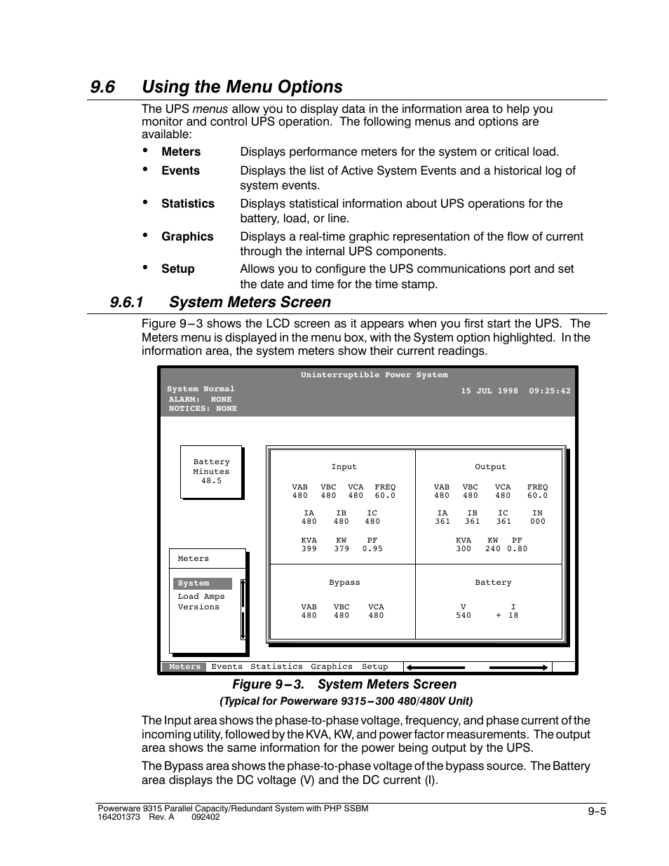 6 using the menu options, 1 system meters screen, Figure 9 . system meters screen | Powerware 9315s User Manual | Page 81 / 205