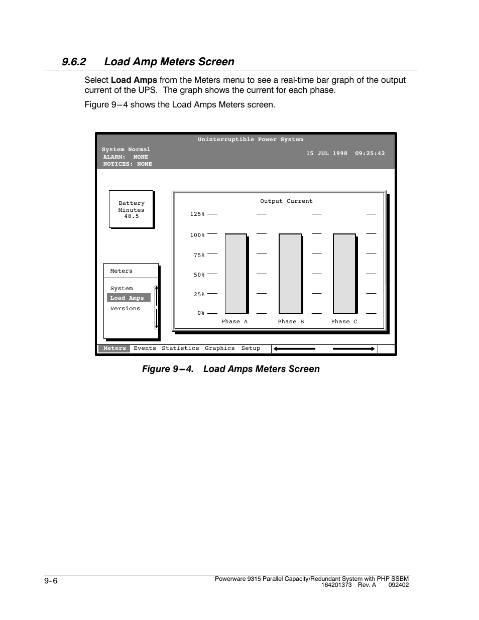 2 load amp meters screen, Figure 9 . load amps meters screen | Powerware 9315s User Manual | Page 82 / 205